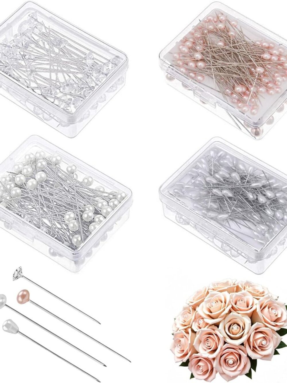 400 Pcs Bouquet Pins, Pearl Crystal Head Corsage Pins, 4 Styles